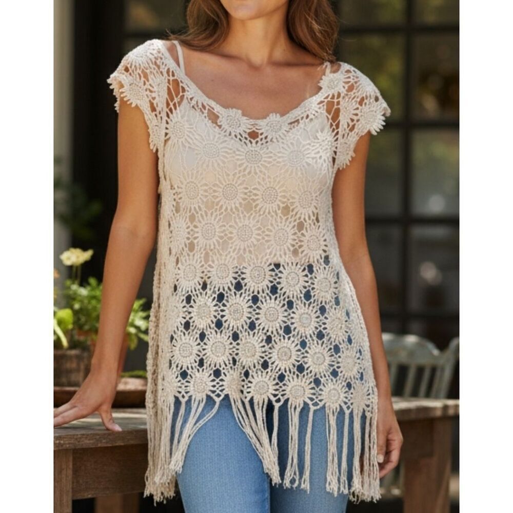 Nabee Boho Crochet Fringe Top Sunflower Macrame Festival Womens Size L